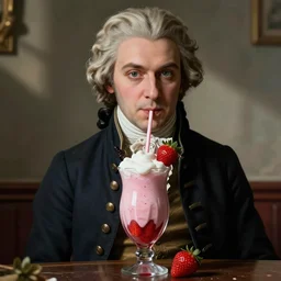 Amadeus Mozart drinking a strawberry milkshake, the straw is in his mouth, digital art