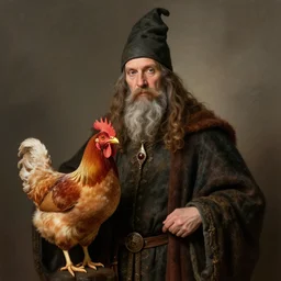 a portrait of a wizard with his pet chicken by Johan Grenier, ArtStation, realistic, detailed