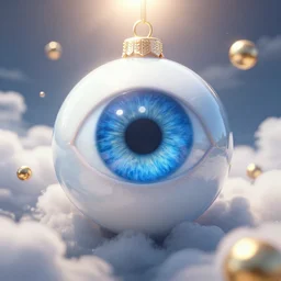 blue eye sphere surroundet by clouds. sunshine from above, hyper realistic, golden ornaments