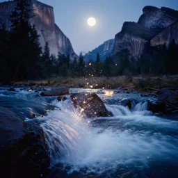 a 2 8 mm macro kodachrome photo of a waterfall made of glowing glitter stardust and sparks, flowing into the river in the valley in yosemite national park in the 1 9 5 0's, seen from a distance, bokeh, canon 5 0 mm, cinematic lighting, film, photography, moonlight, long exposure, depth of field, award - winning