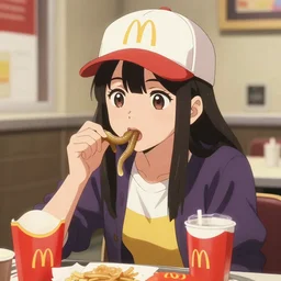 anime girl eating worms at mcdonalds in style mcdonalds