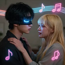harmony of blindfold, mute, neon light language, neon music notes, piano tiles ( black haired yoongi staring at jimin & blonde jimin crying heavy watery tears holding yoongi's shoulder ) intense emotions by wlop, james jean, victo ngai, beautifully lit, muted colors, highly detailed, fantasy art by craig mullins, thomas kinkade