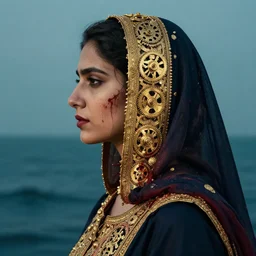 portrait of pakistani woman :: side profile :: in ocean :: clockwork details :: gold :: blood and horror ::  by vikings and Sandra Chevrier