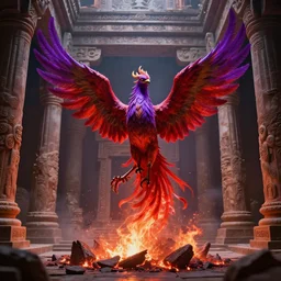 purple red phoenix rising up from the ashes in the middle of a ancient temple, fantasy, hyperrealism