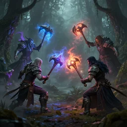 guild wars wizards fighting with magic maces and colored lights blooming the area, 3 d, misty and mystical atmosphere, scary, octane render, intricate, hyper / - detailed, foggy forest, well rendered