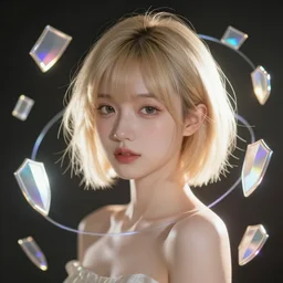 a cute girl with short blonde hair, with squares and shields of holographic light circling around her, sci fi anime, dramatic lighting