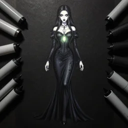 copic marker art of elegant gothic girl with glowing pendant, full body, digitally coloured, by caestrad, collin estrada, instagram, deep blacks, high contrast, intense lighting, artstation, highly detailed, confident, textured, artgerm, chris cold