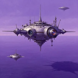 a purpleish ocean with flying hightech laboratory above it, retfo sci - fi style, stanislav lem silaris, detailed, in the style of greg rutkowski