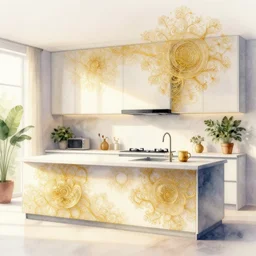 a beautifull intricate detailed watercolor modern kitchen made from a hiper detailed thin golden tendrils, fractal ornaments, clean architecture, pastel colored, some fresh plants, intricate detailed 3 d render, elegant, intense colors, wide shot, octane render, photorealistic, daylight, peaceful, 8 k