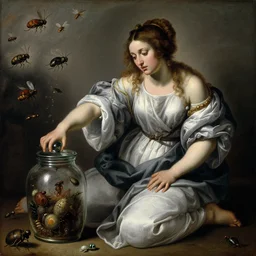 a painting of a fully dressed pandora opening her jar, releasing insects and critters that impersonate sickness and death, personification of misery, some of them are flying around, in the style of realism and artemisia gentileschi