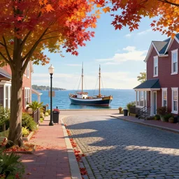 portsmouth new hampshire fantasy city facing the ocean, old boat on the ocean, maple trees on sidewalk, cobblestone street, thomas kinkade, digital art, realistic, beautiful cinematic lighting, 8 k, octane render, artstation