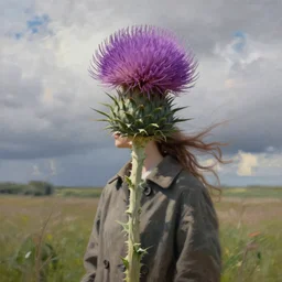 portrait, enormous thistle flower as head, girl wearing coat in field, surreal photography, wind, cloudy sky, dramatic light, impressionist painting, digital painting, artstation, simon stalenhag