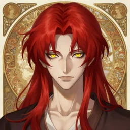 portrait of hisoka morow hunter hunter, male, pale thin lips, sharp jaw yellow eyes narrow sultry eyes red hair soft hair swept back crimson medium length hair, anime, fantasy, intricate, elegant, highly detailed, digital painting, artstation sharp focus, madonna rebel heart art by artgerm and greg rutkowski and alphonse mucha