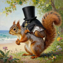 a giant squirrel carrying napoleon on its back, beach scene with flowers and foliage, detailed oil painting