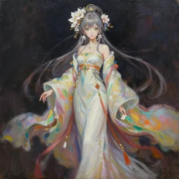 masterpiece oil painting full body portrait shot, oil painting of an anime girl, beautiful modern elegantly dressed anime girl wearing ornaments of flowers, flowing colourful elegant clothes, highly detailed face, detailed green heterchromia eyes, alphonse white datura, 8 k oil painting