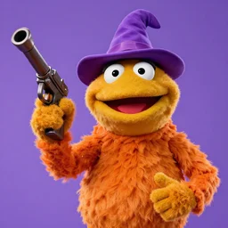 bip bippadotta from the muppets as a wizard, fuzzy orange puppet, in fortnite, holding a gun