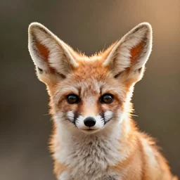 a close up, studio colour photograph of a fennec fox, dramatic backlighting at golden hour, 4k