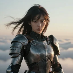 symmetry!! closeup of a lirate samurai girl, cyborg armor, in clouds, cinematic light, windy, sunrise, by gerald brom, by mikhail vrubel, by peter elson, muted colors, extreme detail, trending on artstation, 8 k