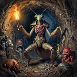 airbrush drawing macro packed with filth, sewer tunnel baphomet mantis orcus hybrid, full bodied premiered, random animal | viscera as god |, carapace armor, claustrophobically crowded into a deep in sewer tunnel, chris foss, enric torres, wayne d barlowe, geof darrow, alberto bontempi, feng zu hyper realism, torch light,
