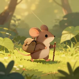 a cute vagabond mouse character carrying a rucksack on a stick walks through large leaves. digital painting. light streaks. golden hour. trending on art station