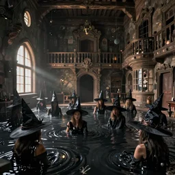 many witches in hats drown and drown in black puddles in the large room of the old house, octane render