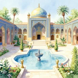 lovecraftian persian palace garden. this watercolor painting by the award - winning mangaka has dramatic lighting, an interesting color scheme and great use of air perspective.