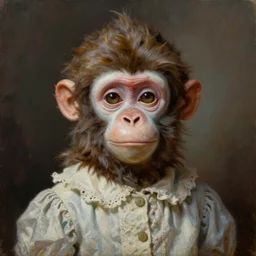 a monkey kid female cute portrait with porcelain face, dressed in a vintage shirt, conceptual art, oil fantasy painting, hyperdetailed, dramatic light, 8 k