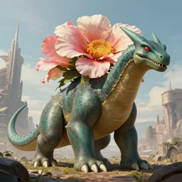 highly detailed portrait photo of a huge mûmakil-venusaur with a big flower on its back, scenic dystopian environment, hyperrealistic Illustration