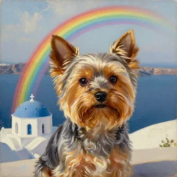 a gray and brown Yorkshire Terrier under a rainbow in Santorini by Michael Sowa, head and shoulders portrait, golden hour, extremely detailed masterpiece, oil on canvas, by J. C. Leyendecker and Peter Paul Rubens and Edward Hopper and Michael Sowa,