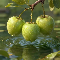 close up of a few low hanging fruits over a pond, by james gurney, low angle shot, concept art, intricate, hyper detailed, volumetric lighting, sharp focus, octane render, trending on artstation, 8 k