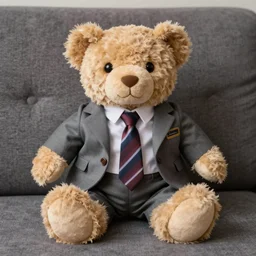 a teddy bear wearing business casual clothes sitting on a couch, 4 k photo