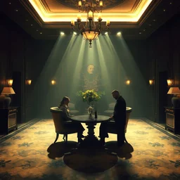 style dean cornwell, ellen jewett, steve niles : : dimly lit hotel lobby : : detailed, symmetrical, cinematic lighting