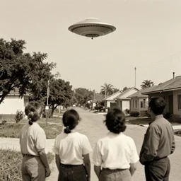 an old photo of people looking at an flying ovni in the neighborhood