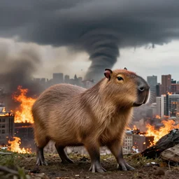 a gigantic capybara roaming the city, the city is on fire, there is a tornado in the background, nature photography, 4k, wide lens, award-winnig photo