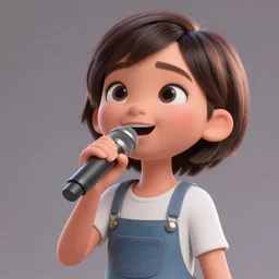 a cute Asian girl singing, short stylish hair in the style of DreamWorks animation, mid-shot, low angle view, 16mm lens, award winning, hyper detailed, studio lighting, artstation, octane renderer, unreal engine