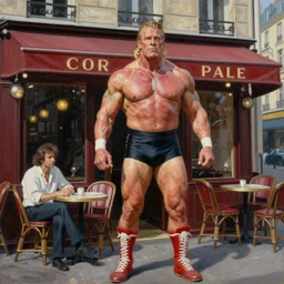 painting of the wrestler hulk hogan outside a parisian cafe with paul simon by emile friant