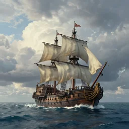 a pirate ship on the open sea, billowing clouds, wide angle lens, shot from a low angle. by ivan aivazovsky, by rhads, makoto shinkai and lois van baarle, ilya kuvshinov. global illumination.