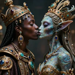 a high-resolution color-chrome closeup portrait, hyper realistic African voodoo priest, kissing a incredible elegant alien rococo Queen, ornate jewelled, sci-fi, high-tech, beautiful low light, style Steve McCurry Octane render 8k