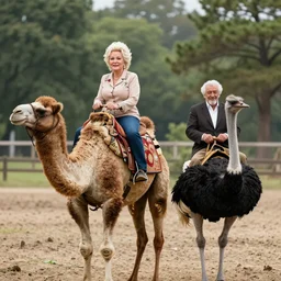 Dolly Parton riding a camel and Robert De Niro riding an Ostrich in Slough. photo, 50mm, 150mp, XF IQ4, ISO 200