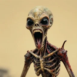 humanoid with crooked teeth, two black eyes, long open black mouth, alien looking, big forehead, horrifying, killer, creepy, photo turning slightly yellow, long open black mouth, dead, looking straight forward, realistic, long open black mouth, slightly red, long neck, boney, monster, tall, skinny, skullish, deathly, in the style of alfred kubin