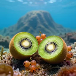 romantic underwater photography of kiwi fruit and gooseberry berries in front an underwater mountain