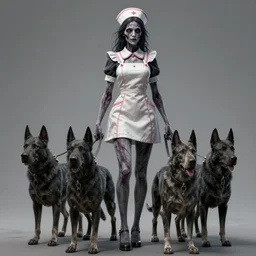 an undead nurse that has 2 hellhounds on the leash. Detailed digital art by greg rutkowski, Thomas kinkade, Keith Parkinson, artstation, cgsociety, deviantart, 8k, HD