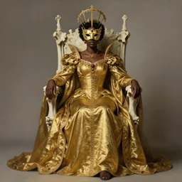full body portrait of black, masked queen in gold gothic robes sitting on a throne of bones, elegant, highly detailed painting by gaston bussiere, craig mullins, j. c. leyendecker, 8 k, mid shot