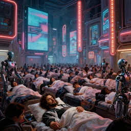 futuristic neon signs in a scene of millions of people waking up, ( ( robot cyborgs ) ), futuristic oil painting by rembrandt and jeff koonz, ( ( led panel screens and projections ) ), intricate details, ( ultra realistic ), dynamic lighting, ( octane render ), ( ( ( vertical led strip lighting ) ) ), 3 5 mm lens, film grain
