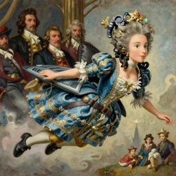 marie antoinette wearing a french dress, flying with a jetpack, jodhpurs greg manchess painting by sargent and leyendecker, studio ghibli fantasy close - up shot asymmetrical intricate elegant matte painting illustration hearthstone, by greg rutkowski by greg tocchini by james gilleard