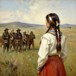 oil painting of a comanche warrior girl, in traditional clothes, watching a group of fur traders from a safe distance, early 1 7 0 0 s