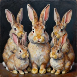 intricate five bunny rabbitt by pablo picasso, oil on canvas, hdr, high detail, photo realistic, hyperrealism, matte finish, high contrast, 3 d depth, centered, masterpiece, vivid and vibrant colors, enhanced light effect, enhanced eye detail, artstationhd
