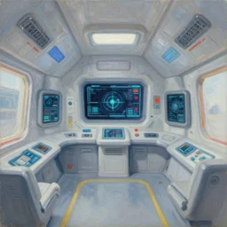 a still life oil painting, spaceship interior, centered perspective, bright utopian retrofuturistic. touchscreens and diagnostic data. realistic expressionist in the style of noriyoshi ohrai octane render