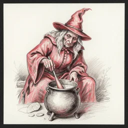 An old wrinkled witch stirring her cauldron. Art made with red chalk on paper mounted on board.
