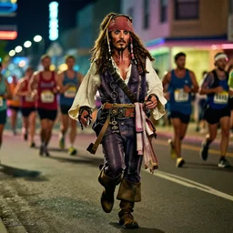 jack sparrow running a marathon at night on a neon lit street, cinematic, detailed